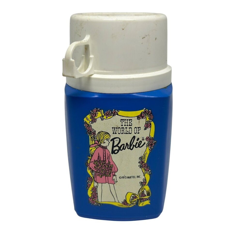 Vintage1973 Barbie Thermos 6.5x3" Retro The World of Barbie Blue Plastic READ‎